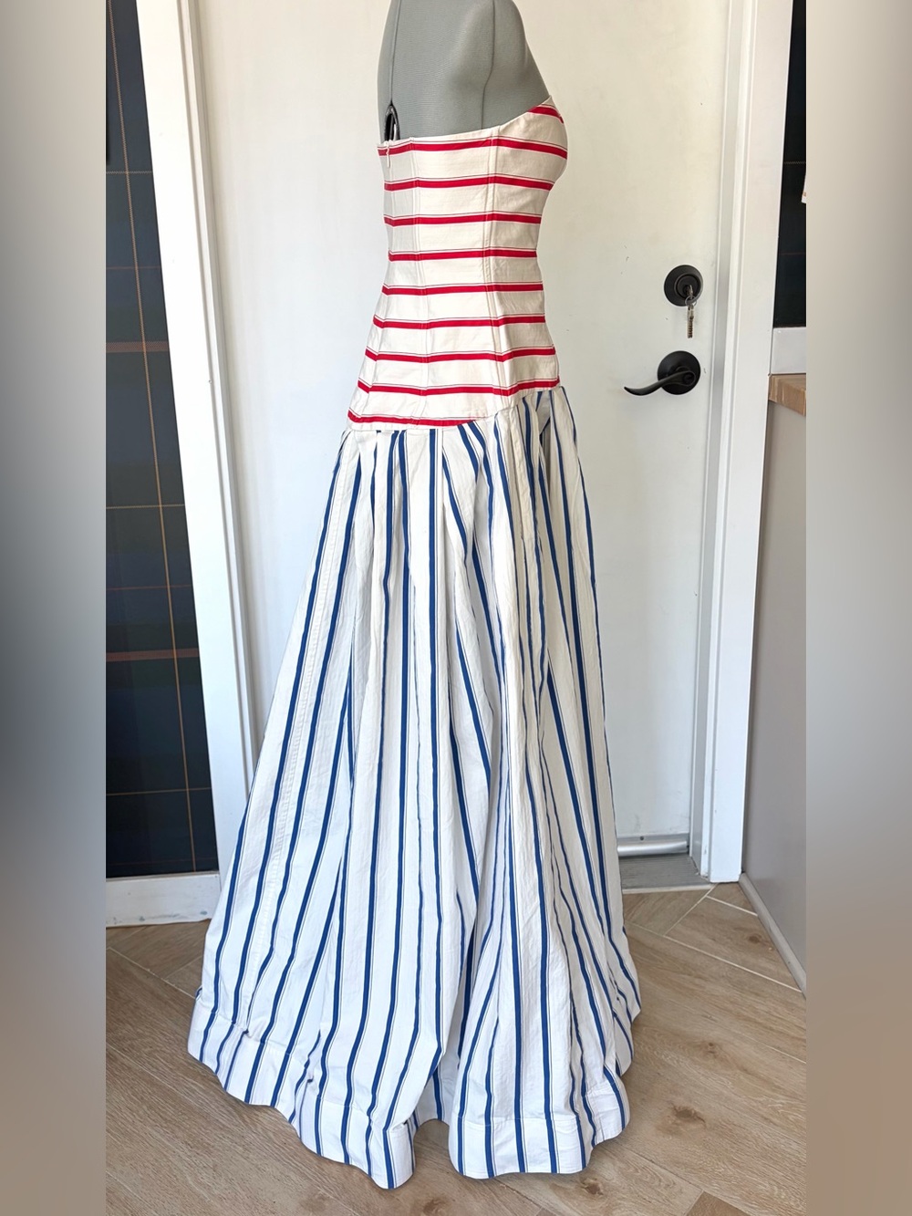 Rosie Assoulin Drop Waist Strapless Cotton Gown, red/blue stripes, slit, 0, EUC - Picture 8 of 16